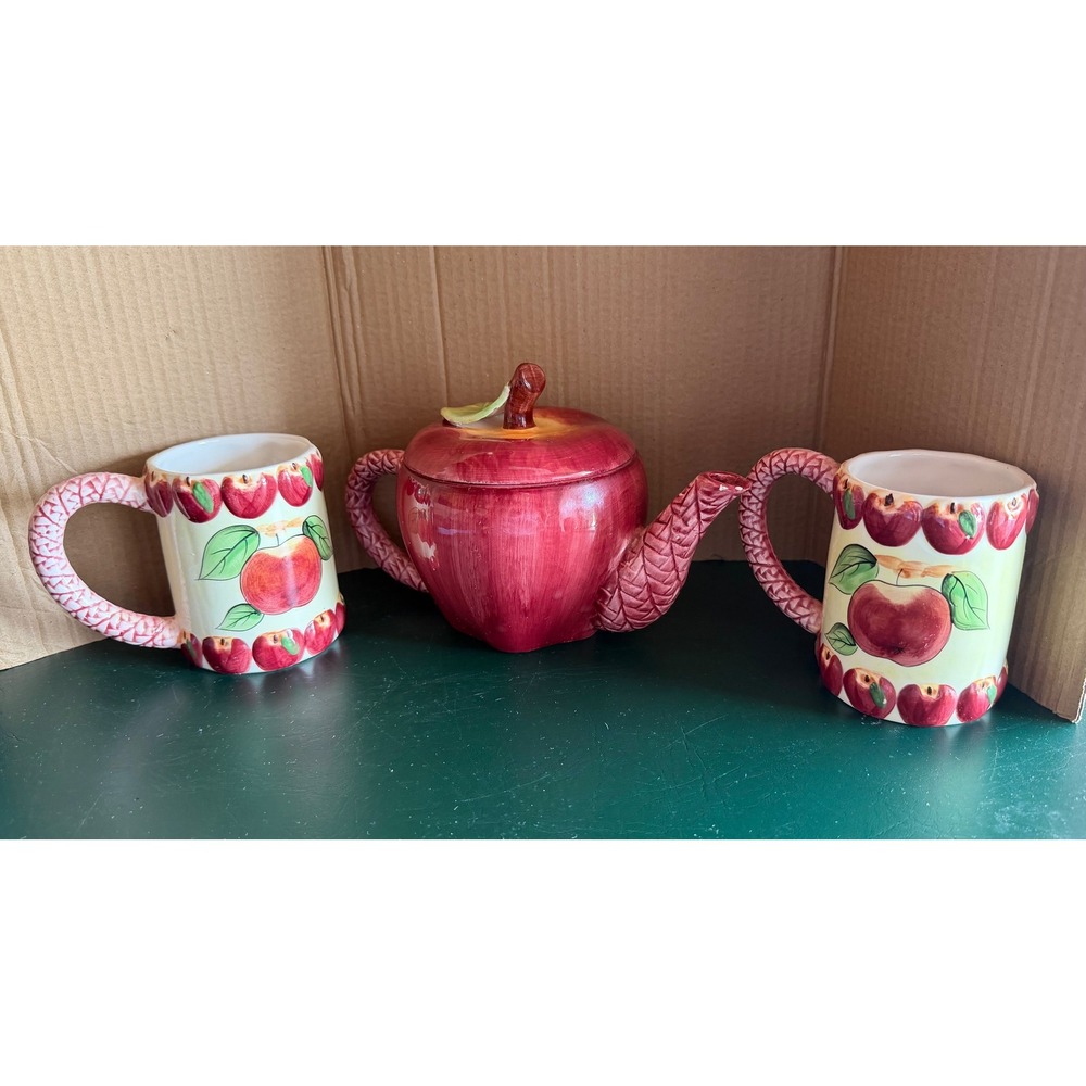 Seymour Mann Vintage Apple Teapot and Mugs Set Hand Painted Faience Ceramic 3pc
